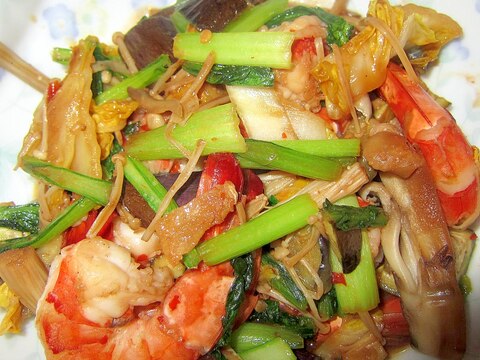 海老と白菜と小松菜茄子豆板醤焼き